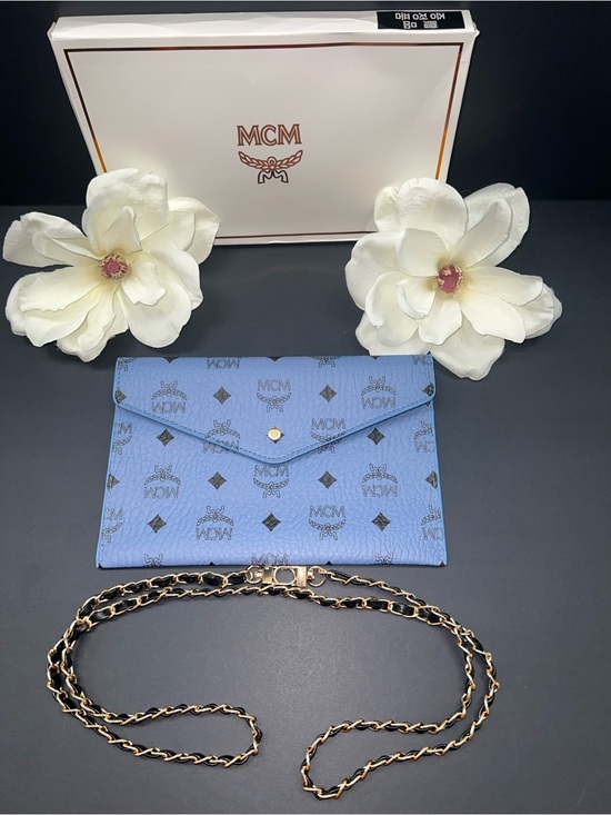 MCM Handbags - MCM Blue Envelope Clutch with Black and Gold Shoulder Strap